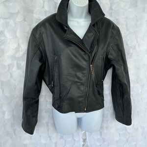 Vintage 90’s Genuine Leather Women's Black Moto Biker Jacket Small Zippers